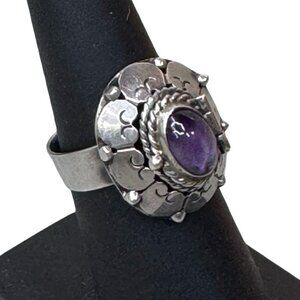 Vintage TAXCO Mexico Sterling Silver AMETHYST Poison Locket Ring adjustable 7 +
